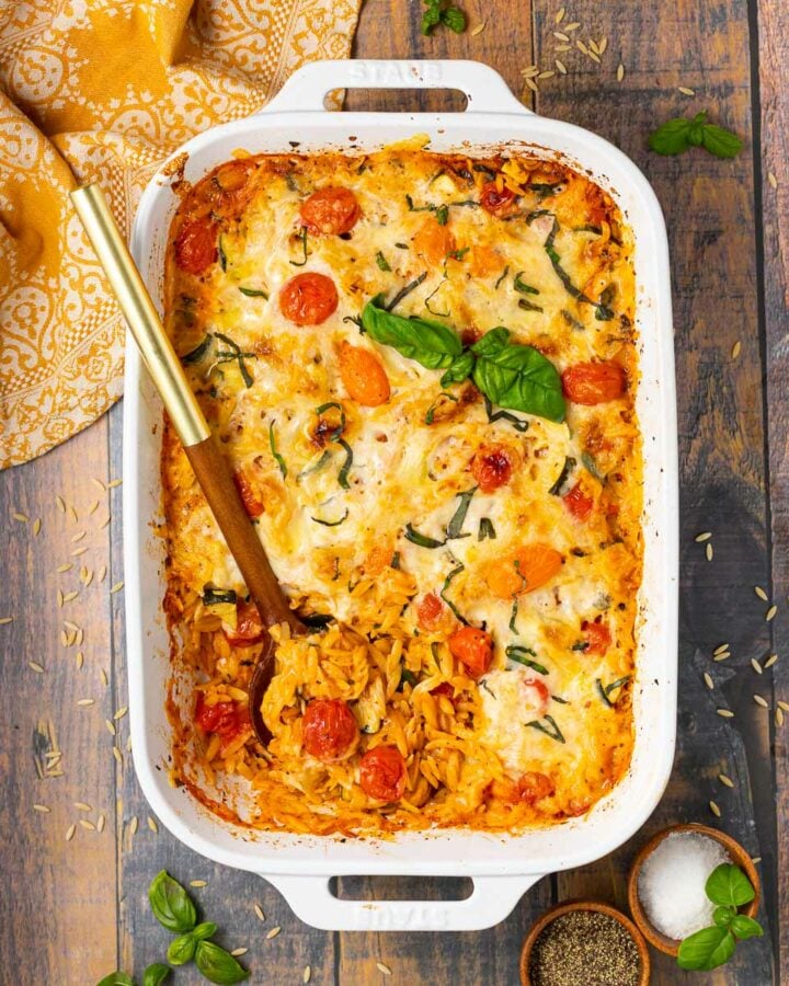 baked orzo in a white dish