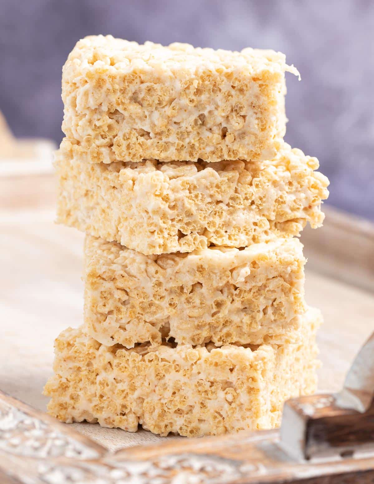 a stack of gooey vegan rice crispy treats