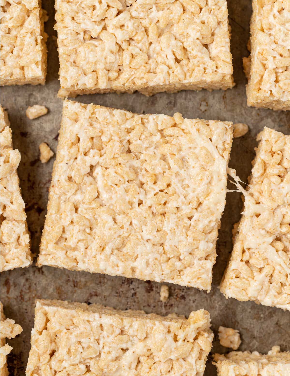 a gooey rice crispy treat taken from above