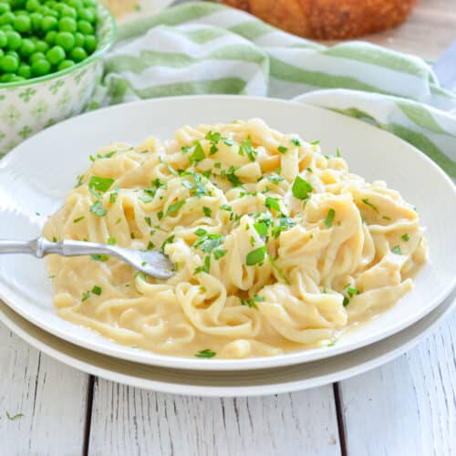 a bowl of cauliflower alfredo