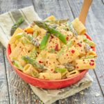 a bowl of vegan asparagus pasta
