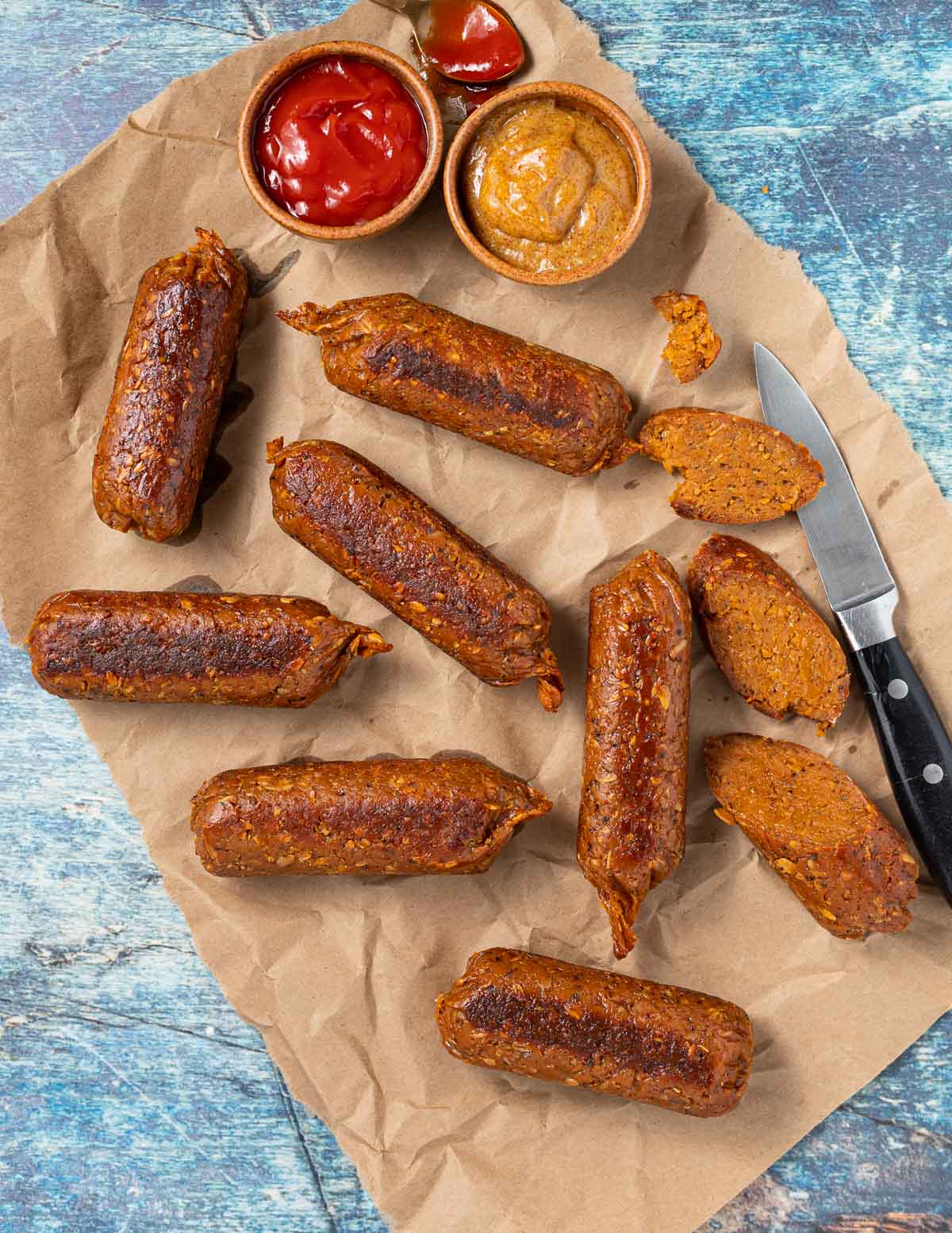 vegan sausages with ketchup and mustard on brown paper