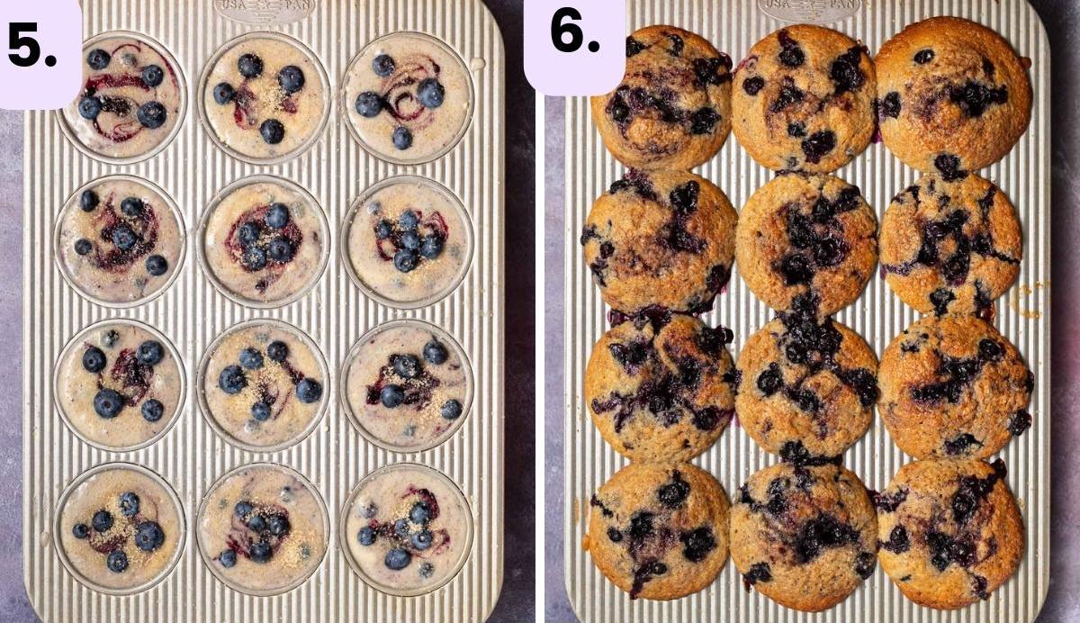 blueberry muffins in a pan before and after baking