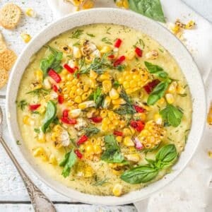 a bowl of vegan corn chowder