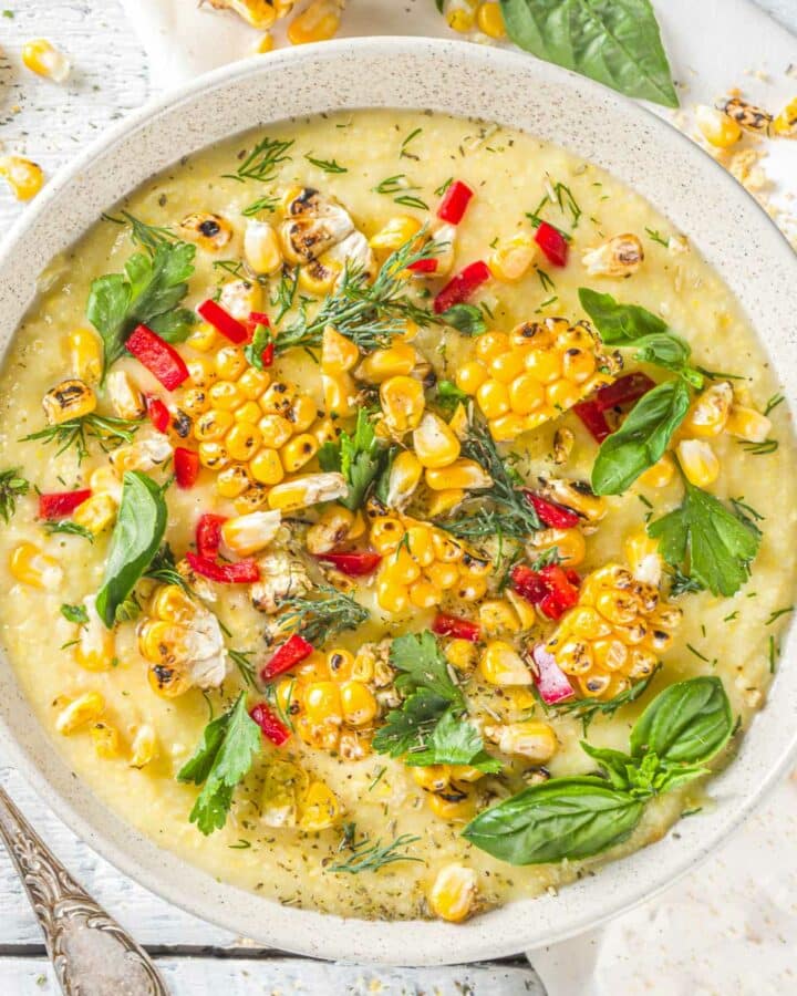 a bowl of vegan corn chowder