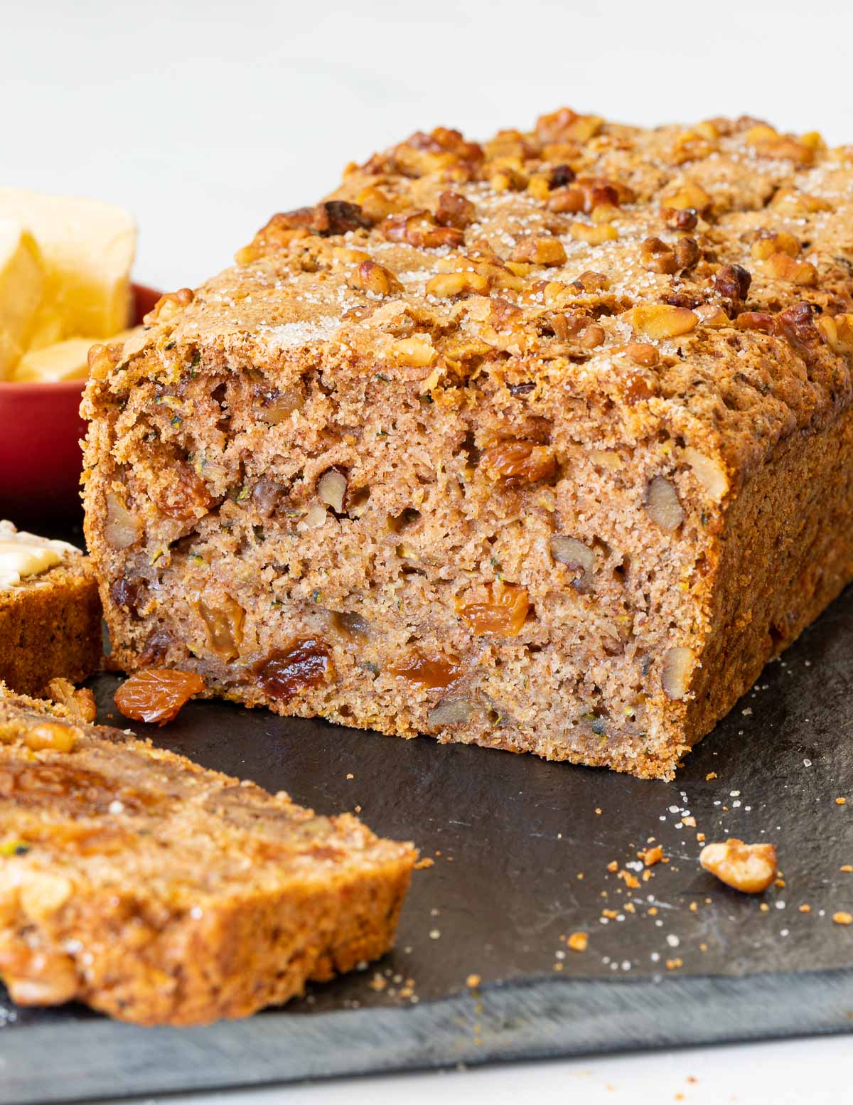 a cut loaf of zucchini bread. Inside showing. 