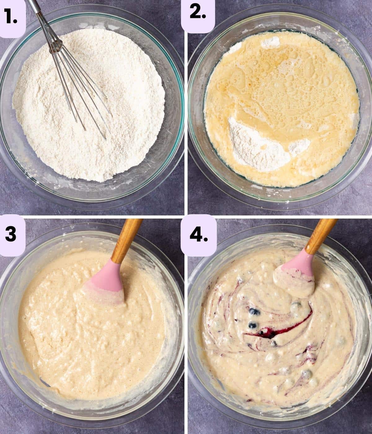 step by step of mixing vegan blueberry muffin batter in a bowl 