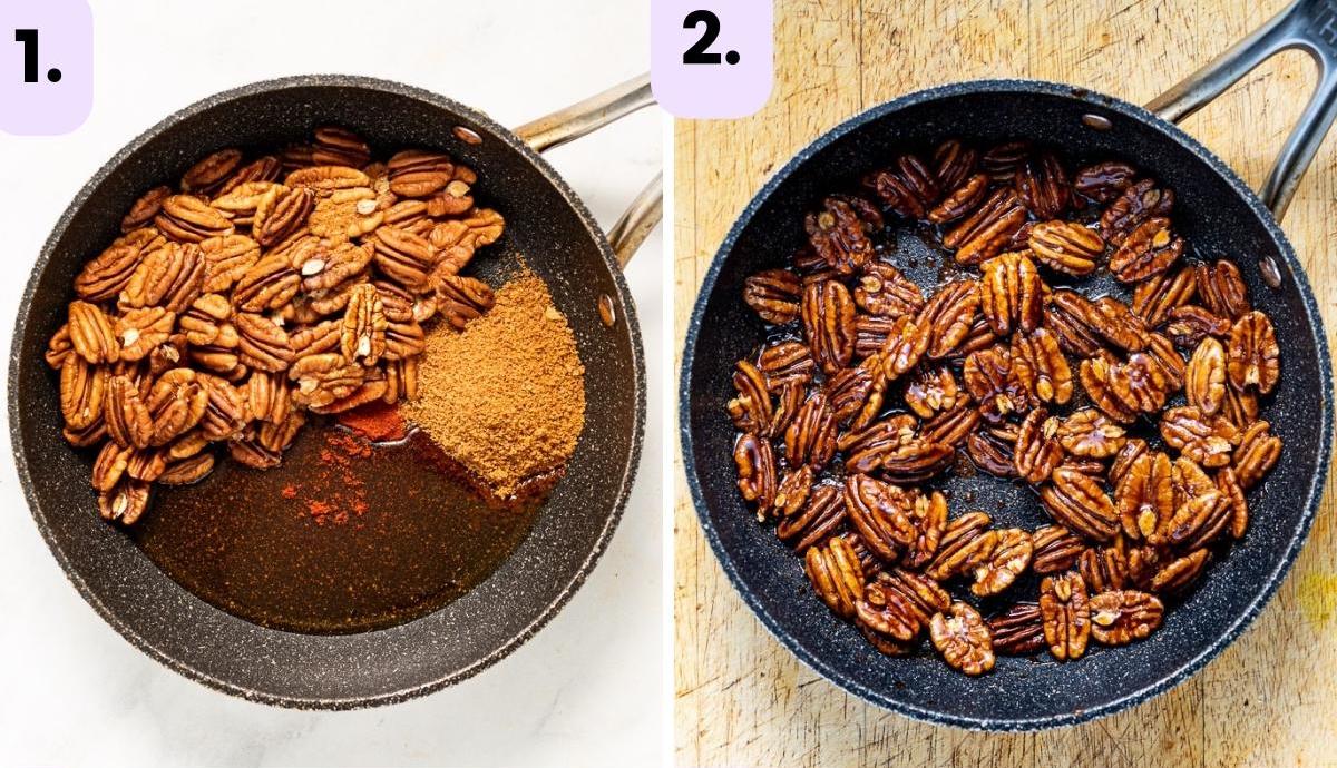 sticky pecans in a pan 