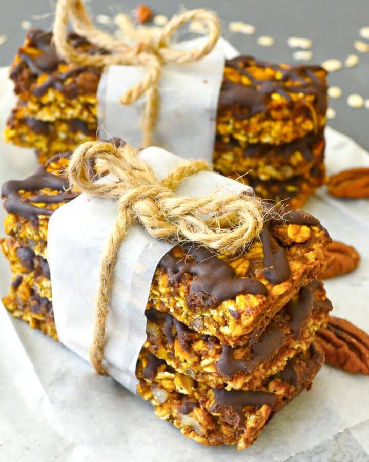 pumpkin granola bars tied in a stack with string