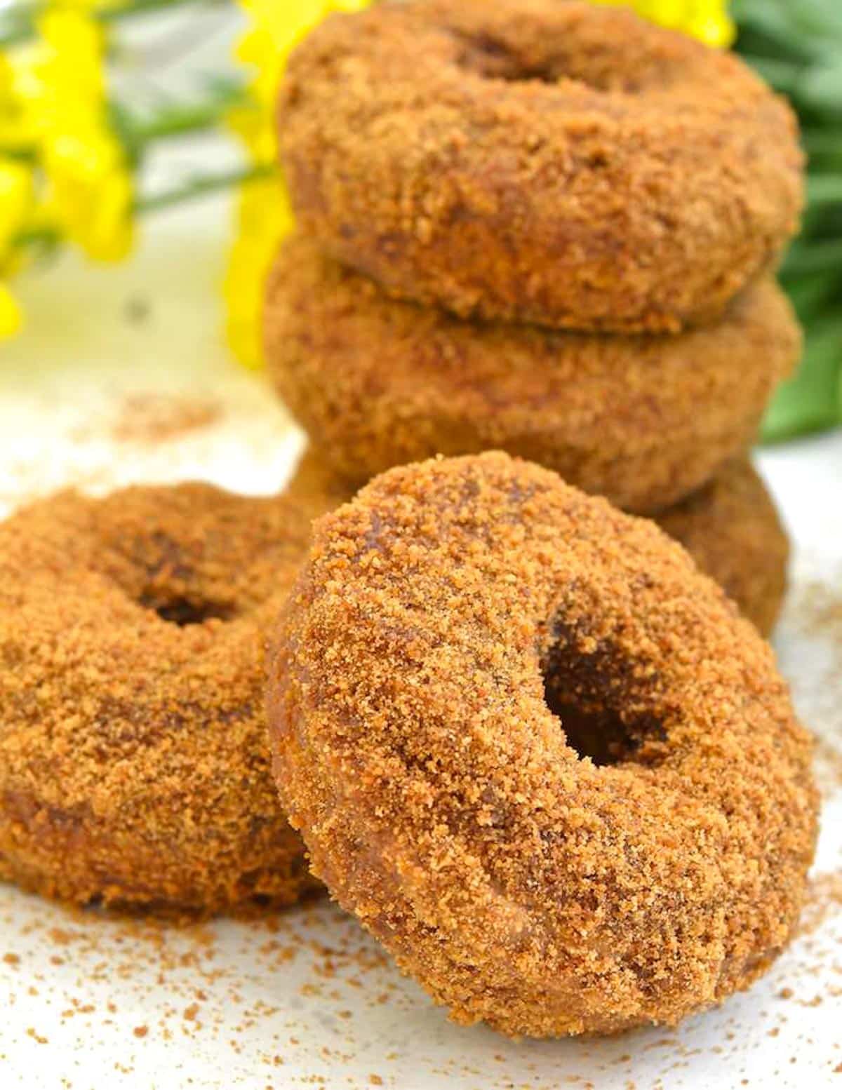 a single vegan pumpkin donut leaning on a stack of donuts 