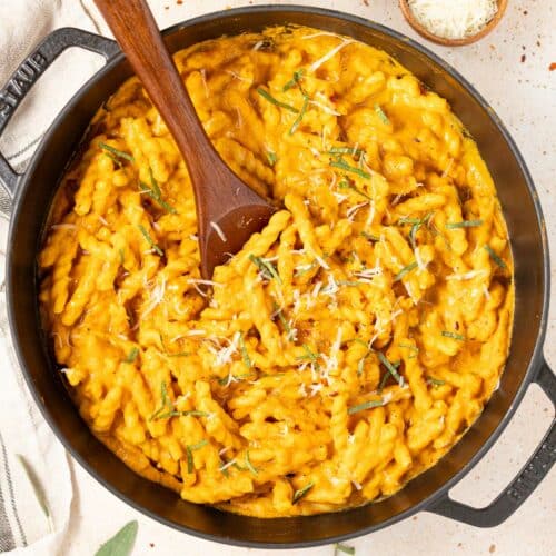 a pan of vegan pumpkin pasta