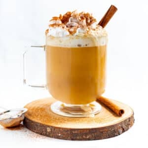 a vegan pumpkin spice latte topped with dairy-free whipped cream