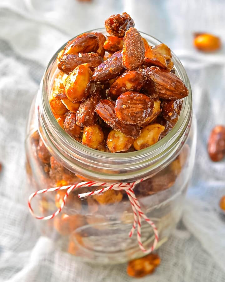 a jar of vegan candied nuts