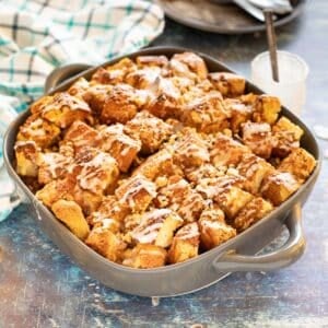 vegan French toast casserole in a grey dish