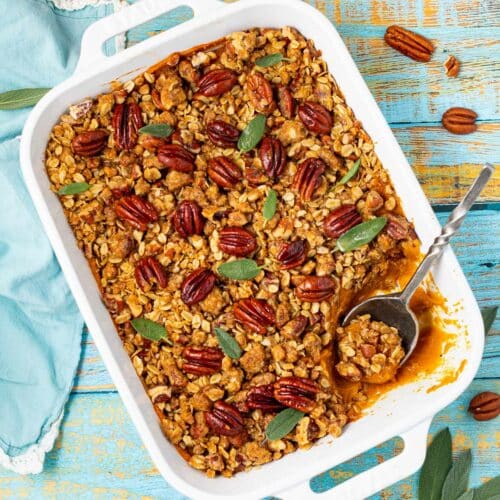 sweet potato casserole in a white Staub casserole dish