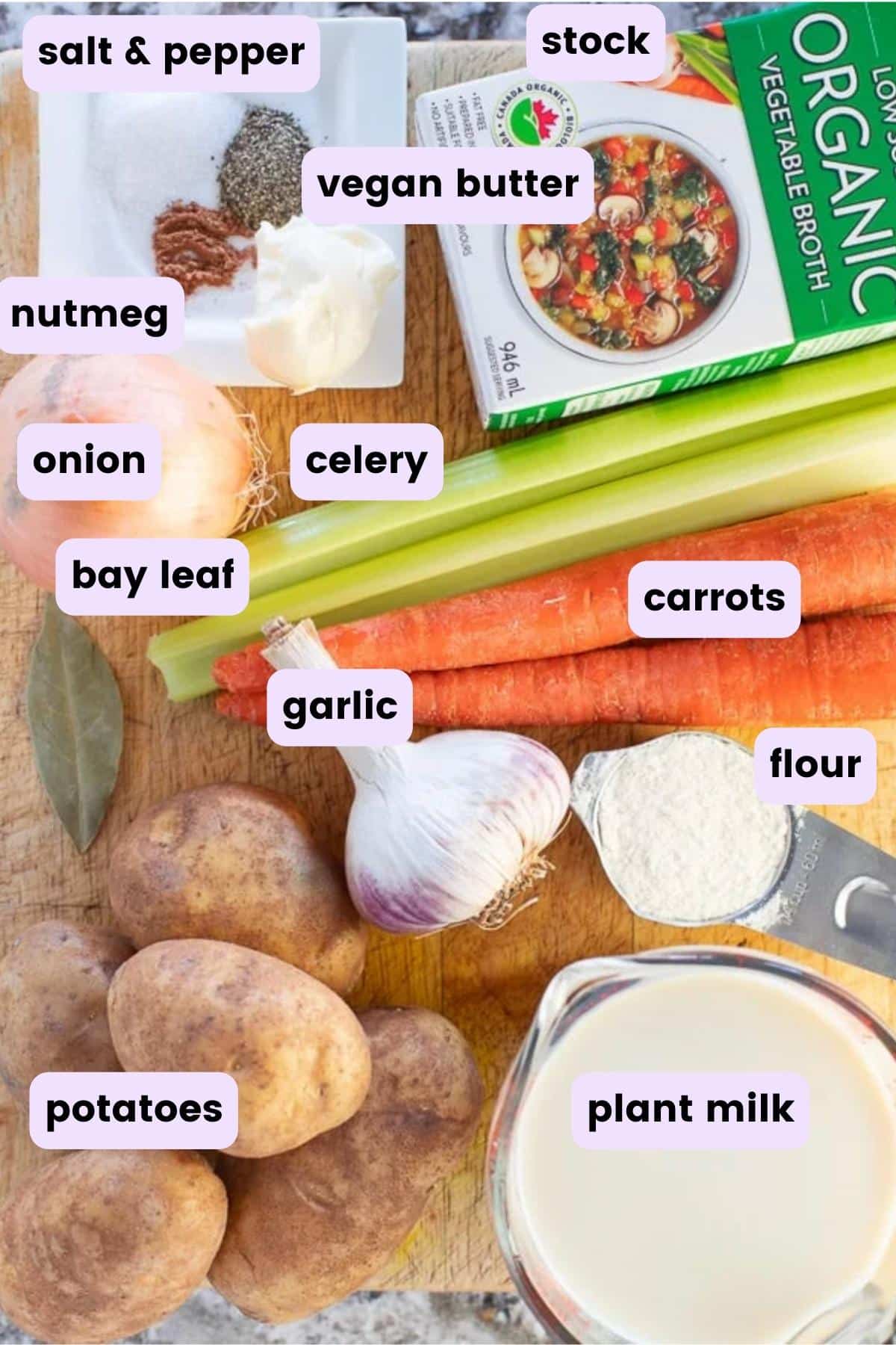 the ingredients needed to make vegan potato soup 