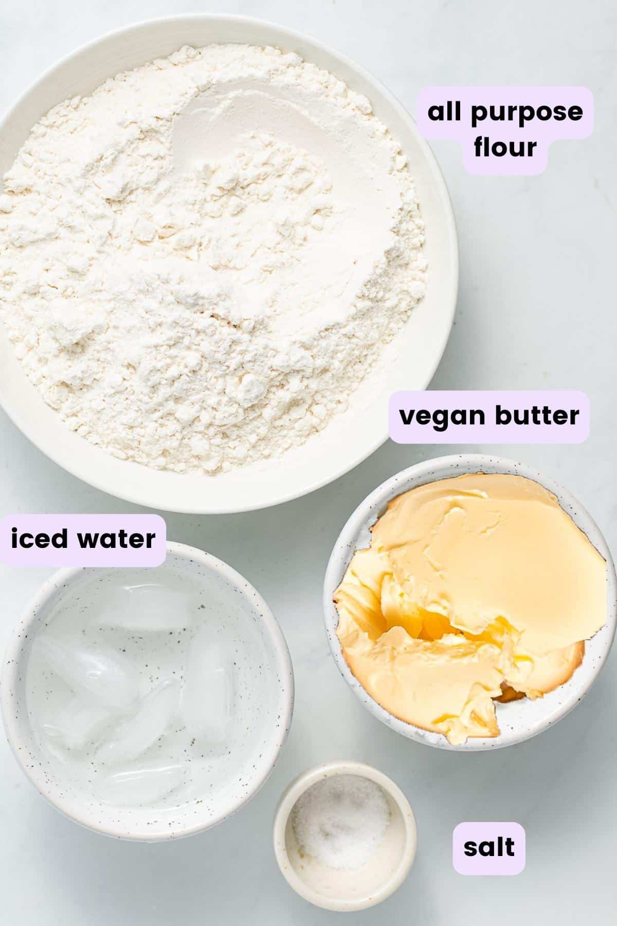 pie crust ingredients: flour, vegan butter, salt & iced water