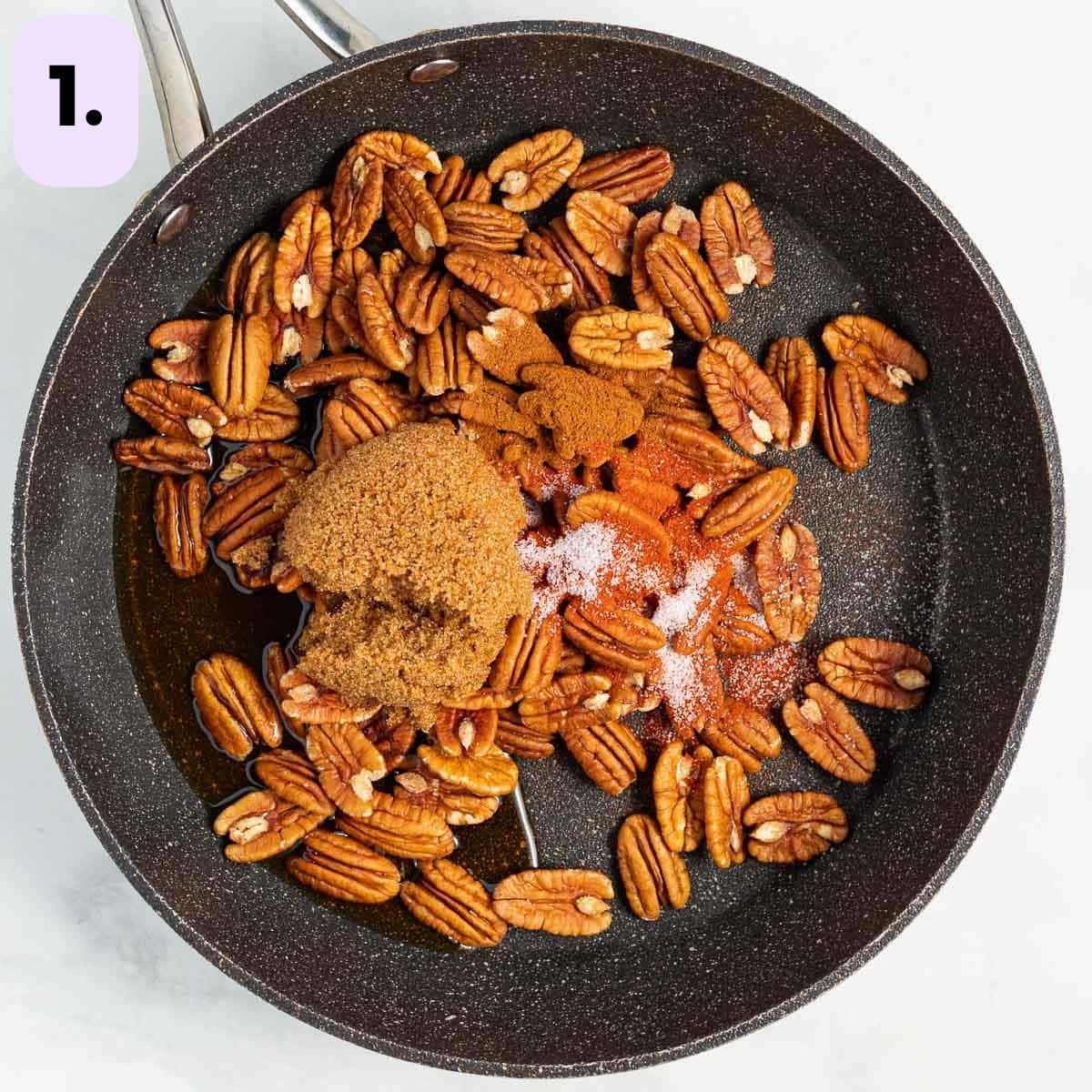 all of the candied pecan ingredients in a pan prior to cooking