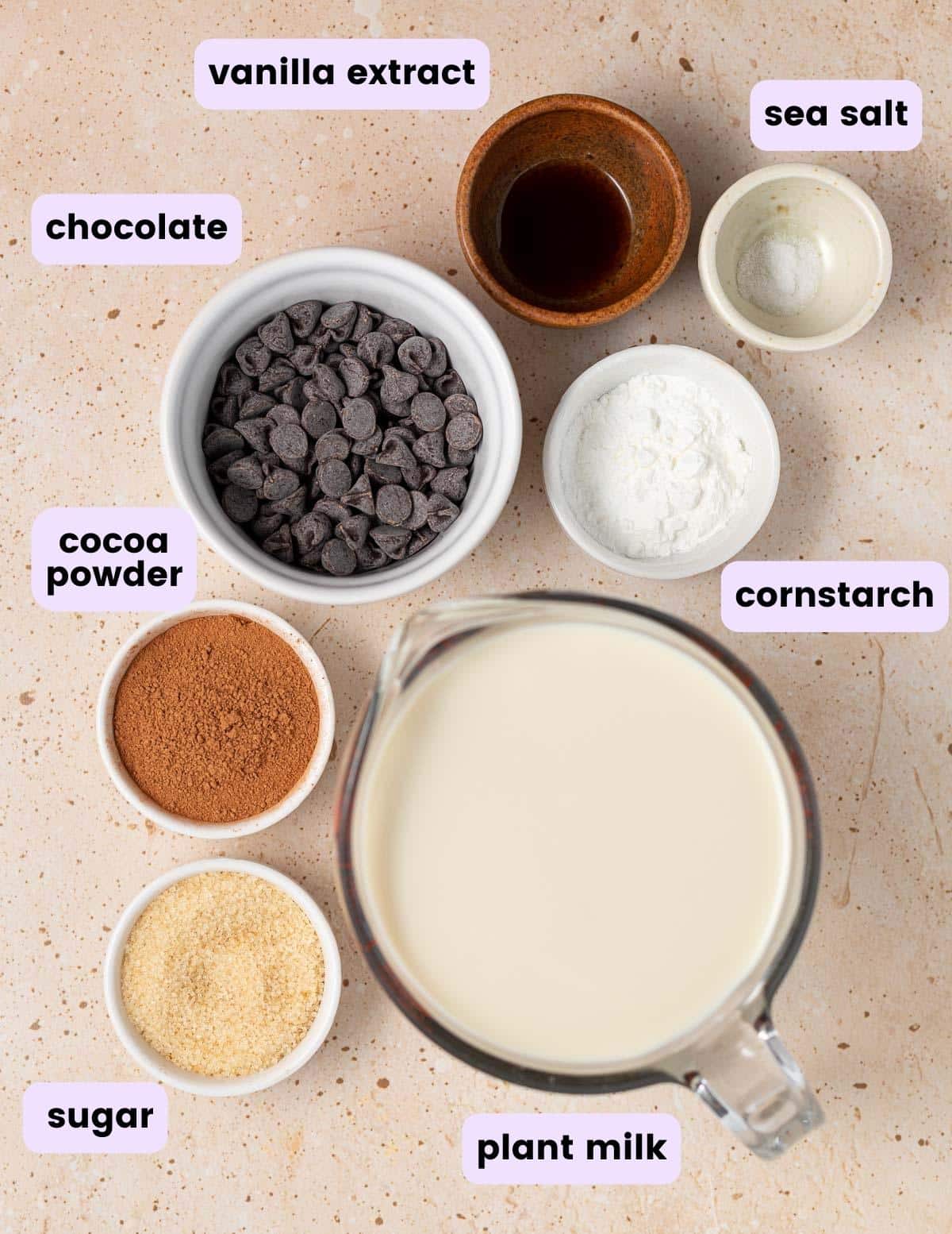 plant milk, vanilla, salt, cornstarch, chocolate, cocoa, sugar