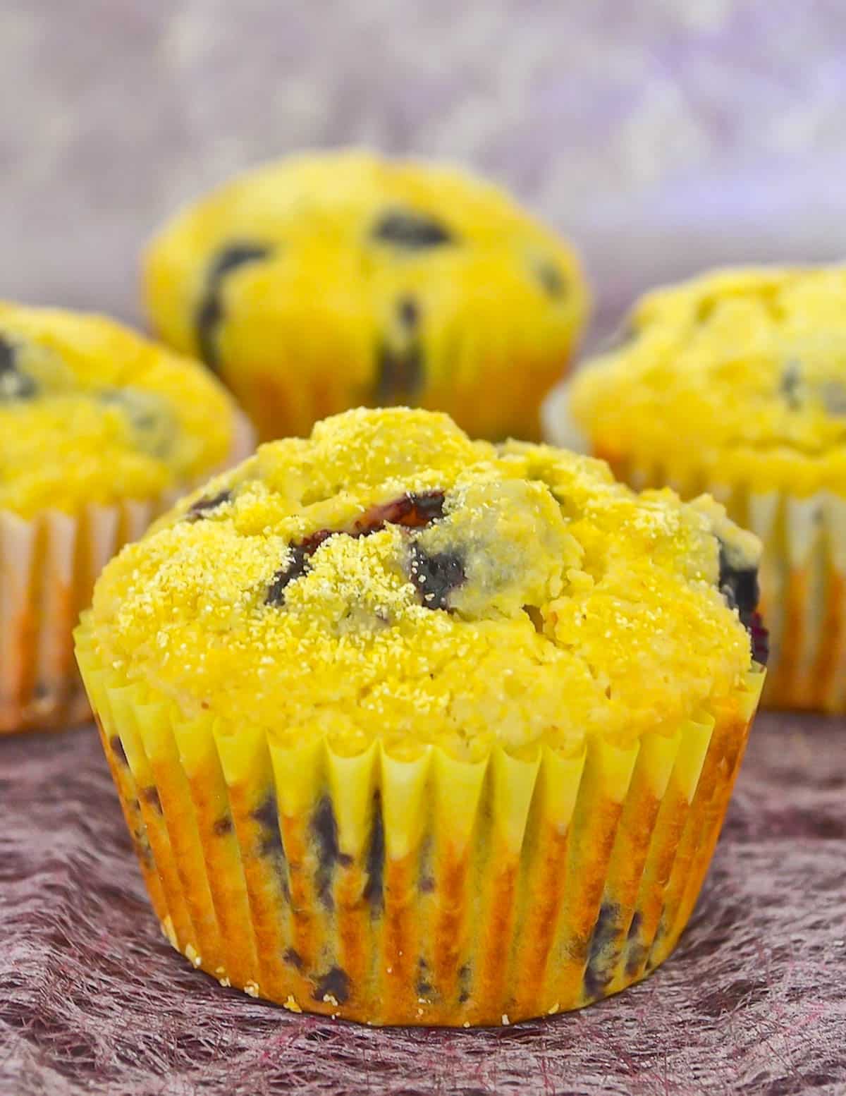 lemon and blueberry cornmeal muffins on a purple backdrop
