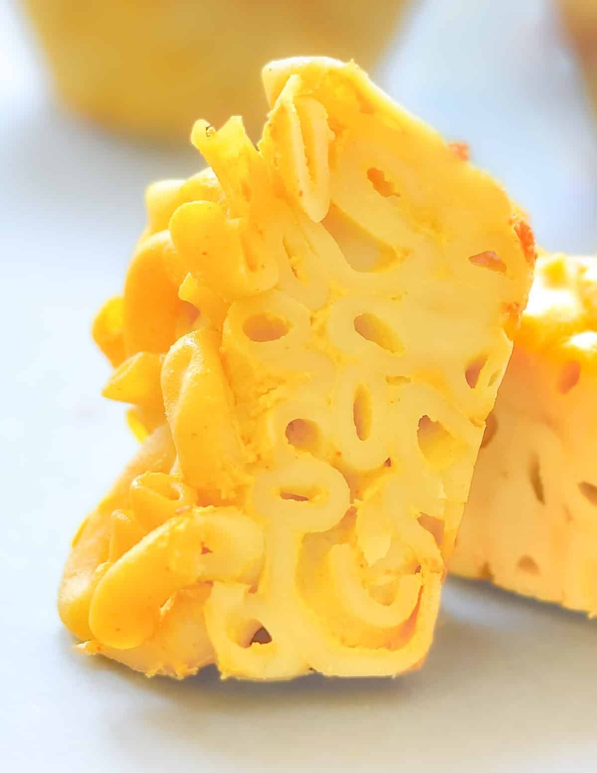 the inside of a cut vegan mac & cheese bite