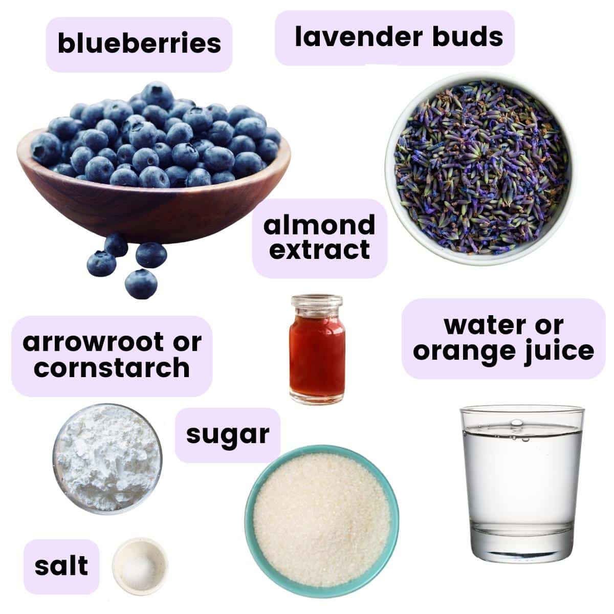 blueberries, lavender buds, almond extract, arrowroot, water, sugar and salt