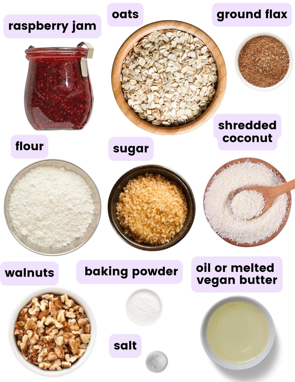 the ingredients needed to make raspberry oat bars as per the written ingredient list 