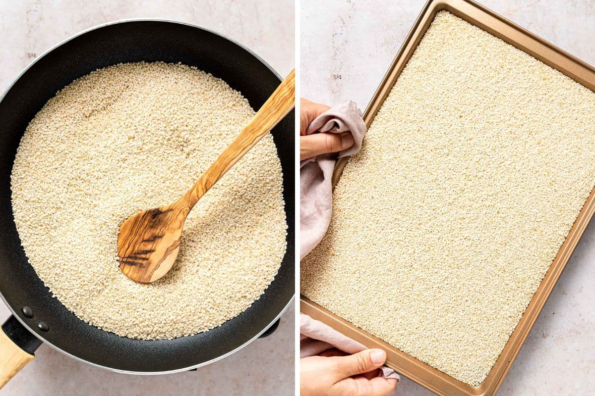 toasting sesame seeds on a baking tray or in a skillet
