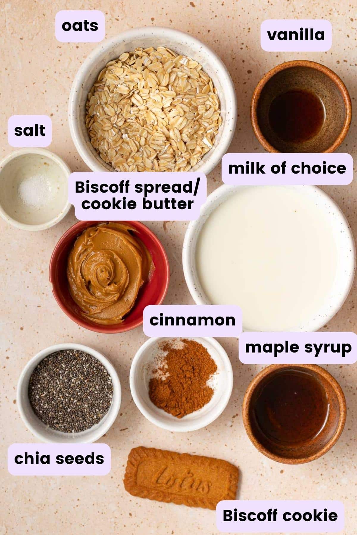the ingredients needed to make Biscoff overnigth oats, as per the written ingredients list in the recipe card