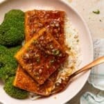 sticky garlic maple tfu with rice and broccoli