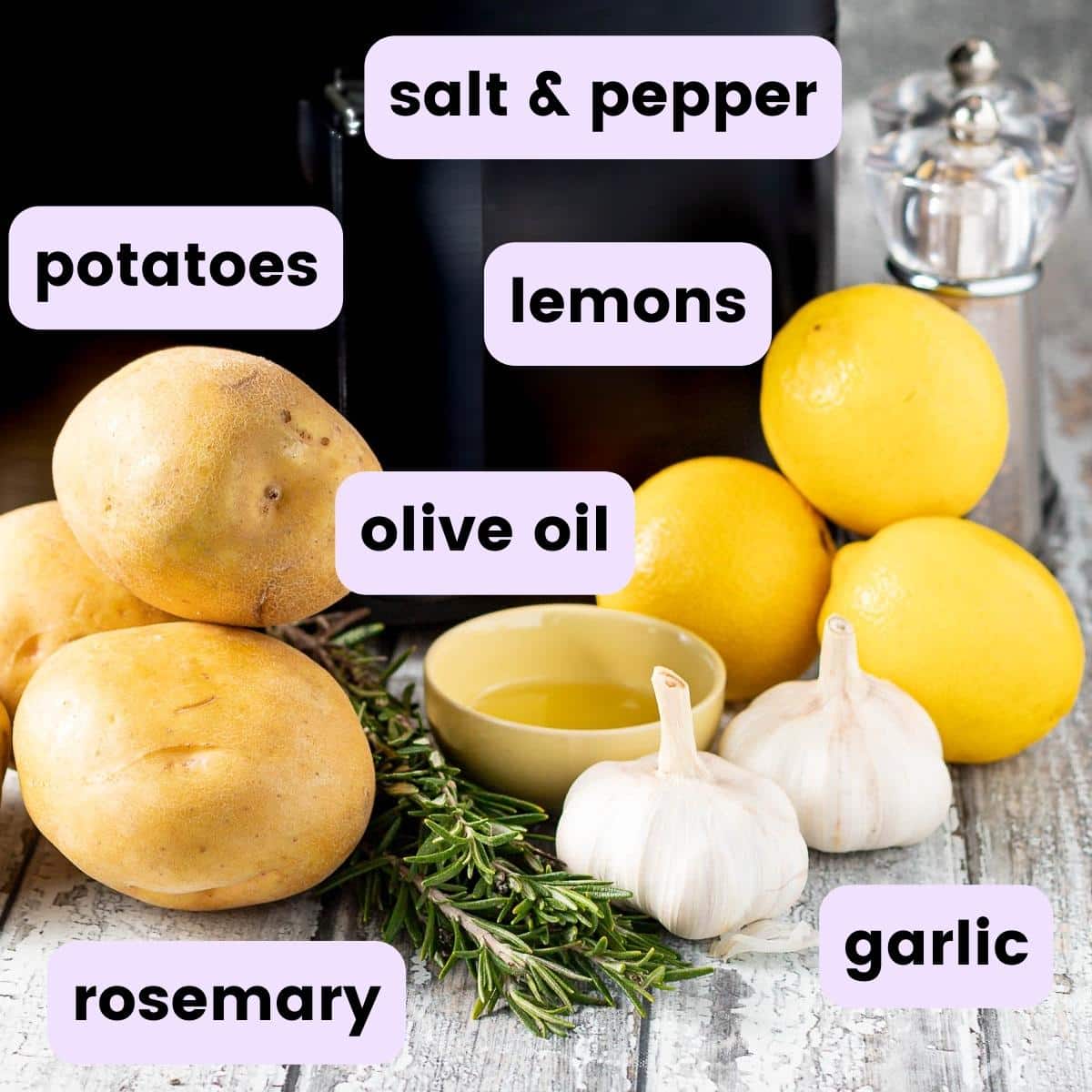 potatoes, lemons, garlic, rosemary, salt and pepper
