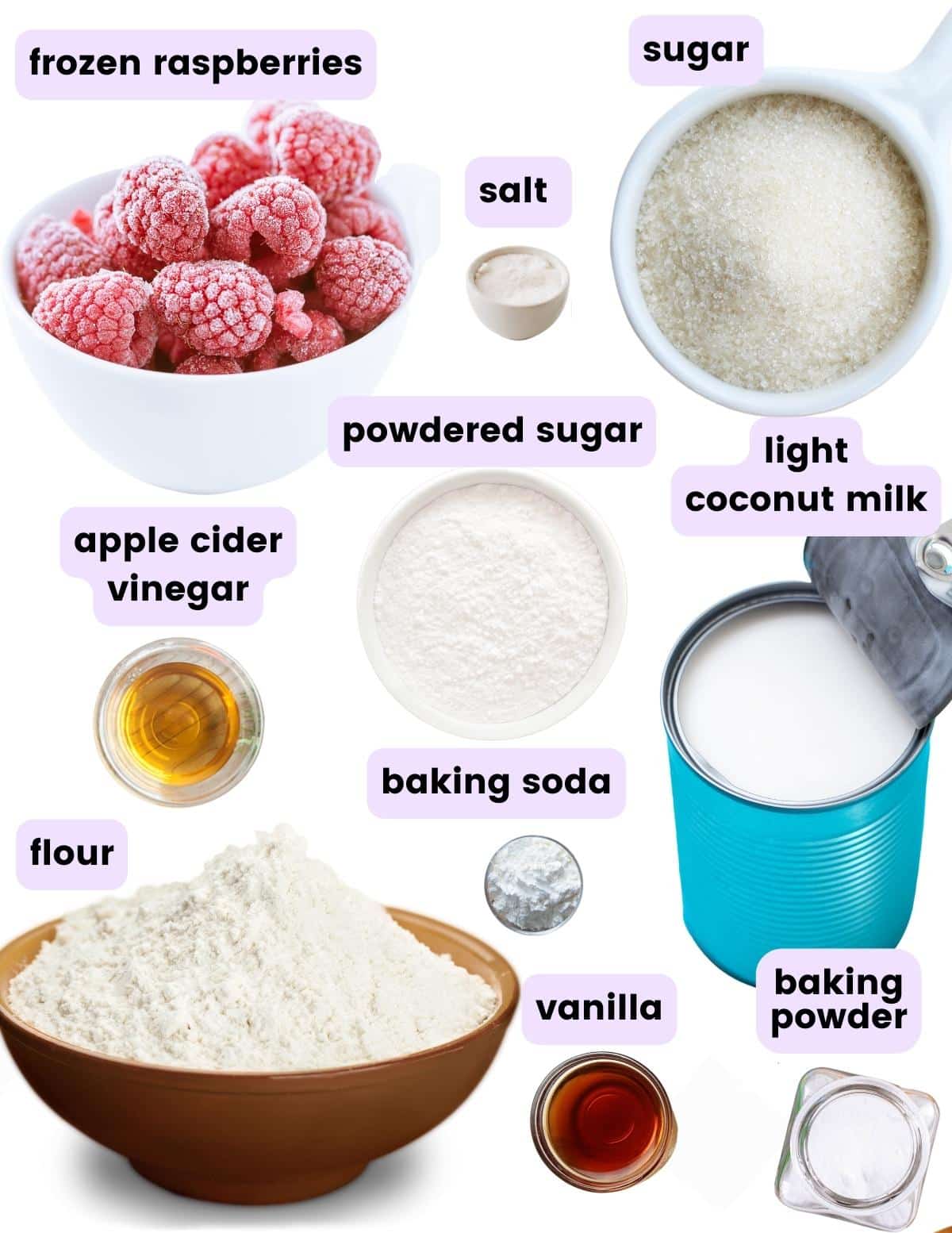 ingredients needed to make vegan raspberry donuts