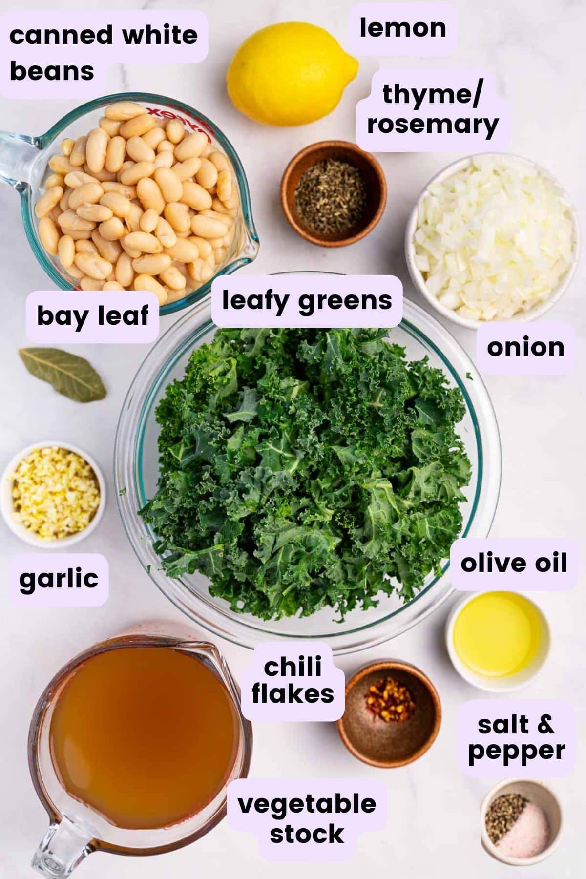 white beans, lemon, dried herbs, onion, kale, bay leaf, garlic, olive oil, stock, salt, pepper and red pepper flakes.