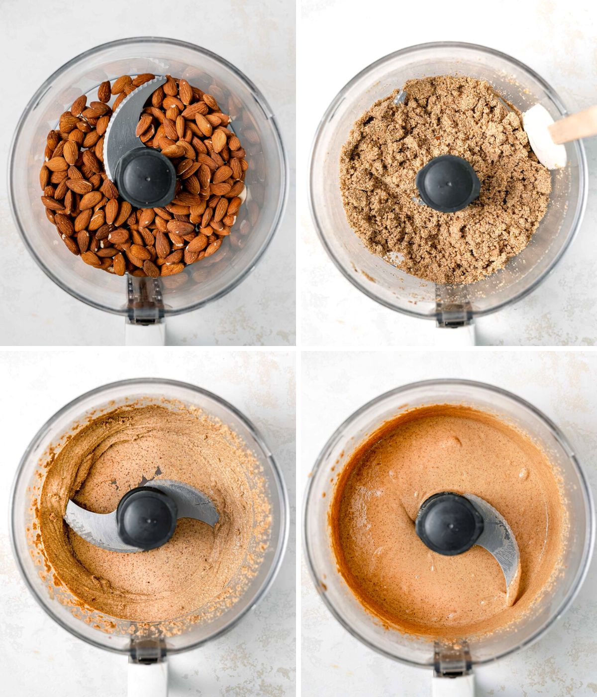the 4 stages of blending almond butter: 1 raw almonds, 2 sandy looking almonds, 3 grainy, thick butter, 4 smooth and drippy. 