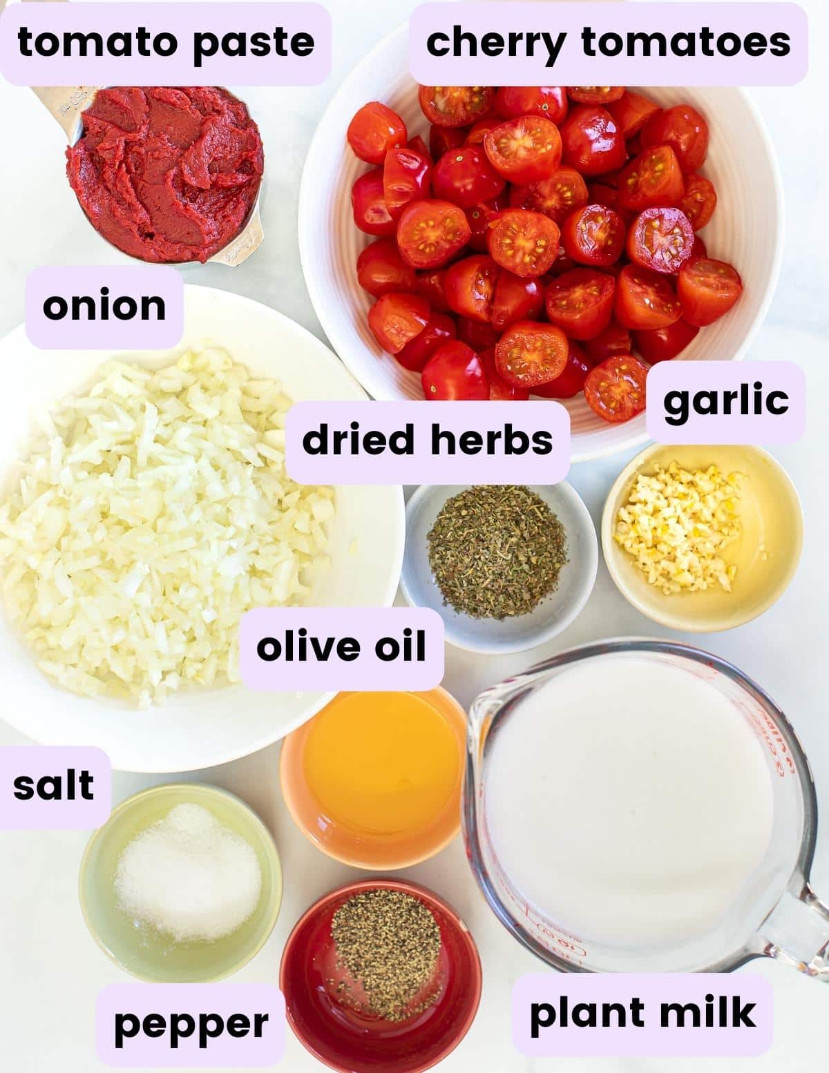 cherry tomatoes, onion, tomato pasta, herbs, garlic, olive oil, plant milk, salt & peppere