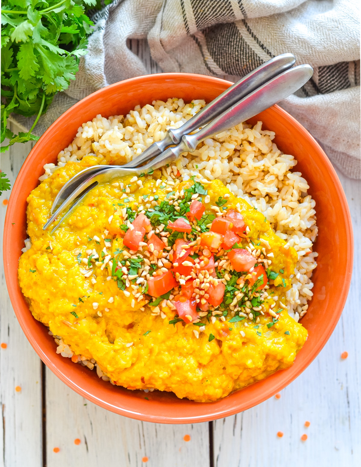 a bow of red lentil dal with rice
