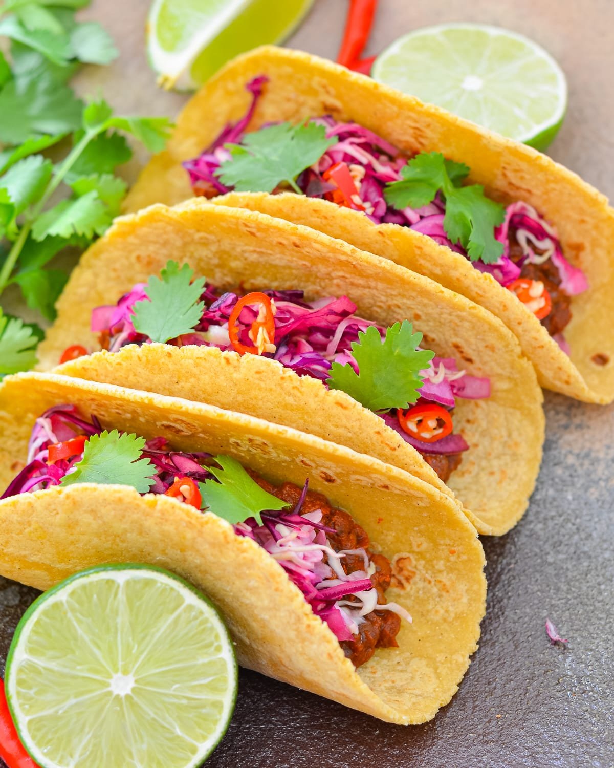 3 filled spicy lentil tacos