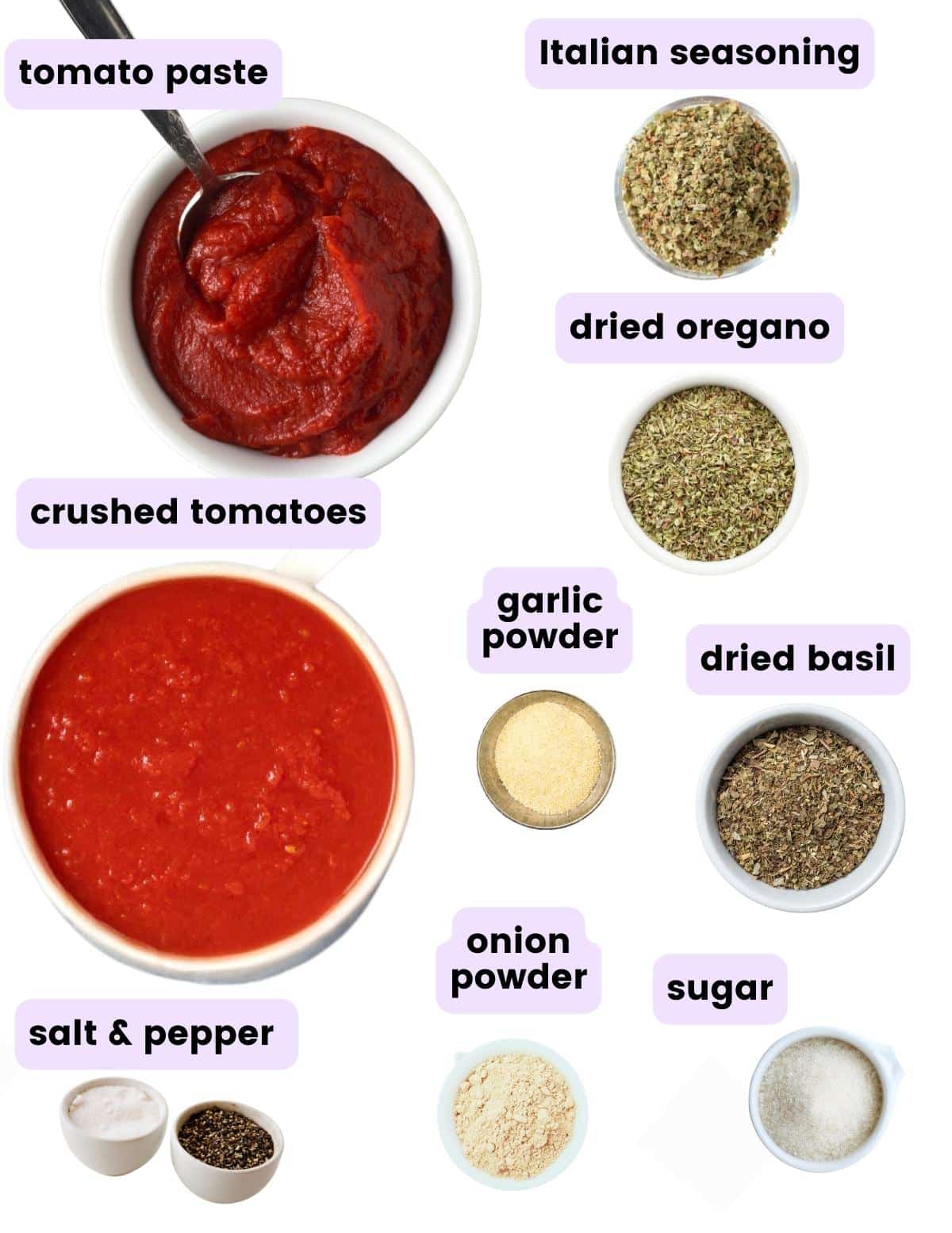 tomato paste, crushed tomatoes, Italian seasoning, basil, oregano, onion powder, garlic powder, salt, pepper & sugar