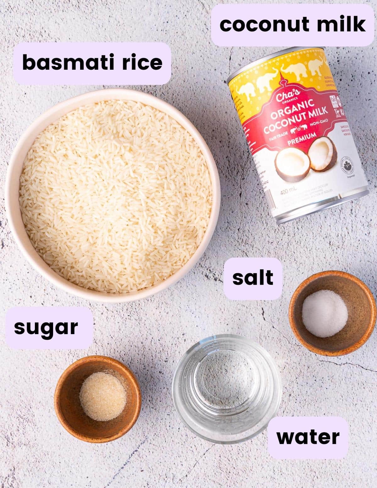 basmati rice, coconut milk, sugar, salt, water