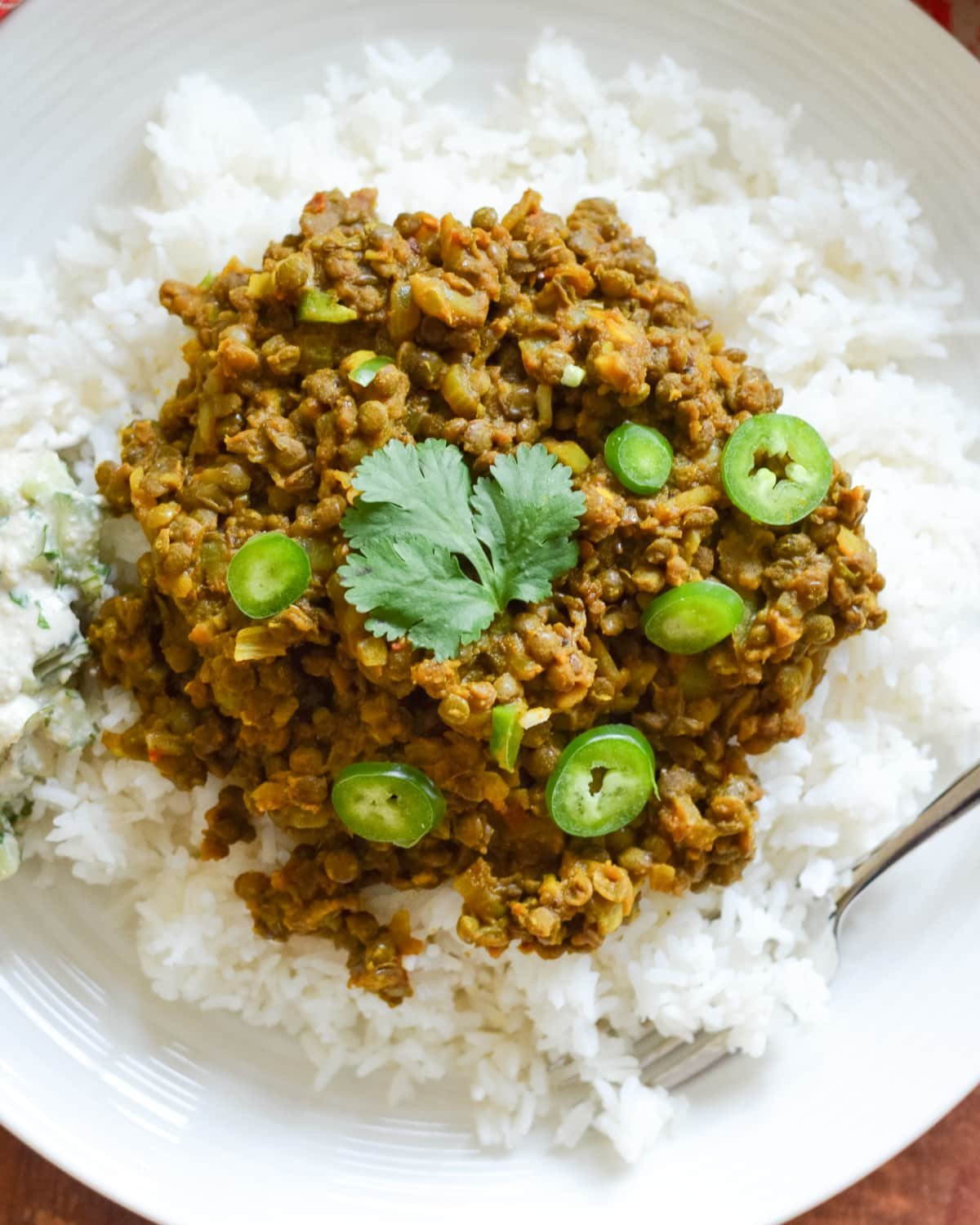 a plate of keema lentils and rice