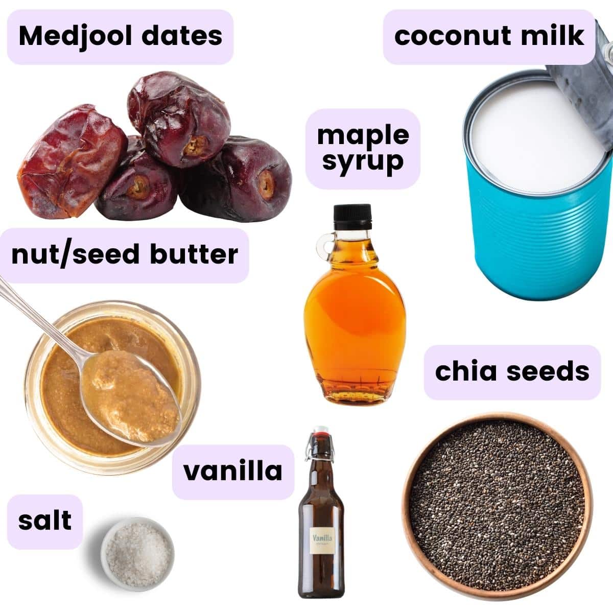 dates, maple syrup, coconut milk, nut butter, salt, vanilla, chia seeds