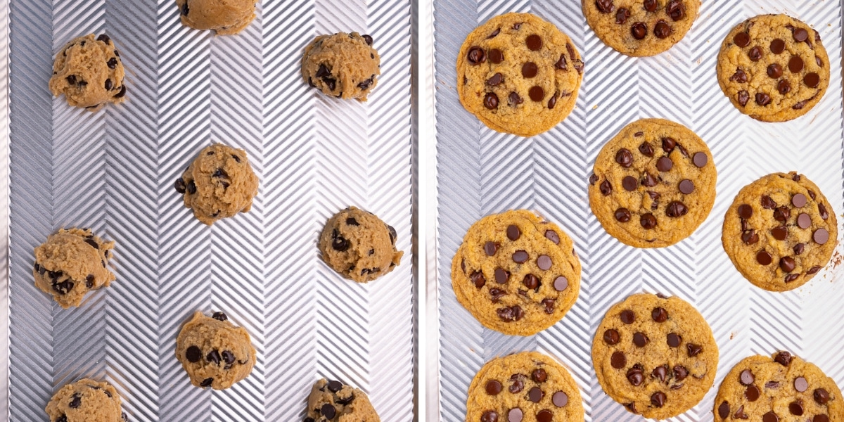 cookies on a tray before and after baking