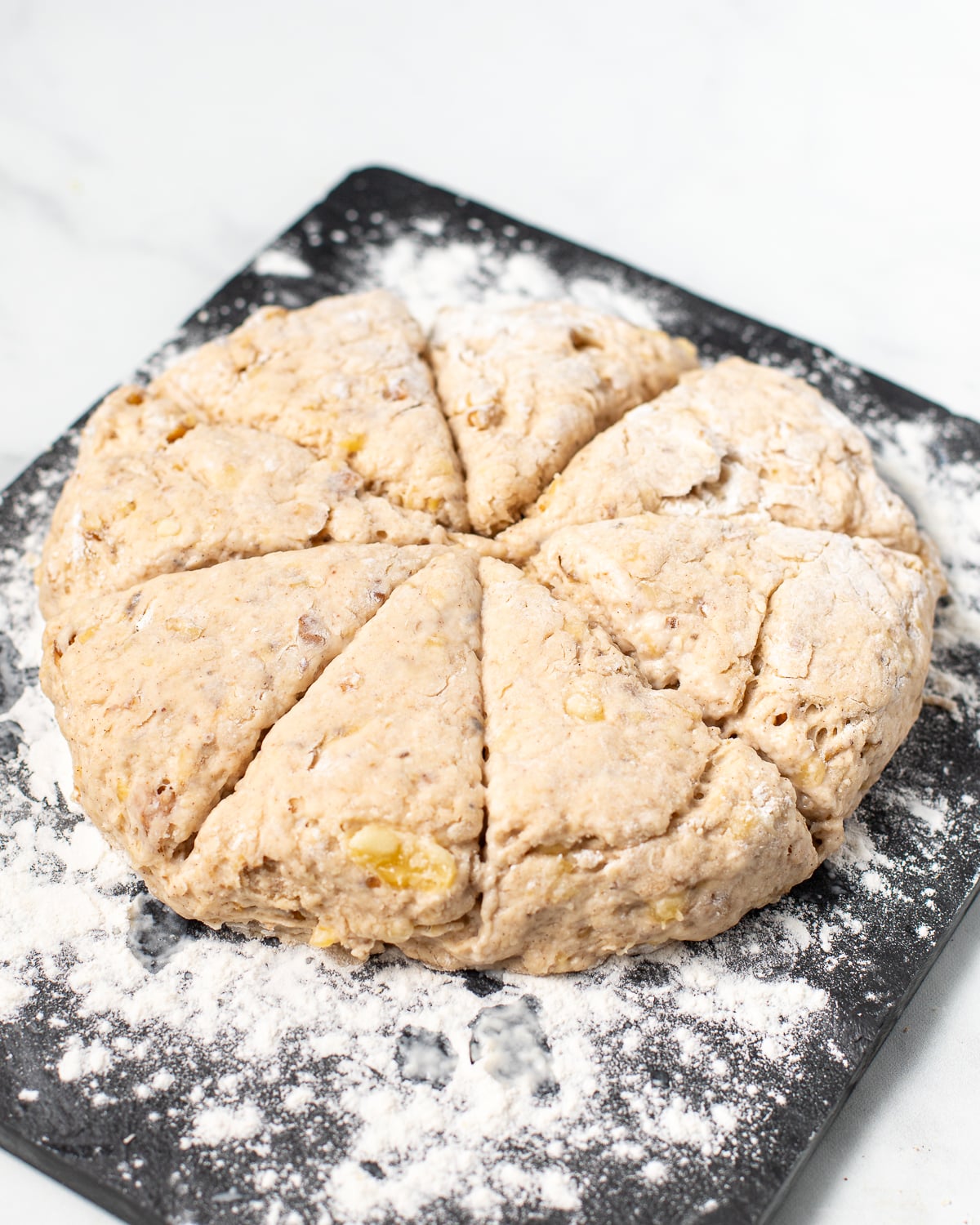 a disk of scone dough cut into wedges