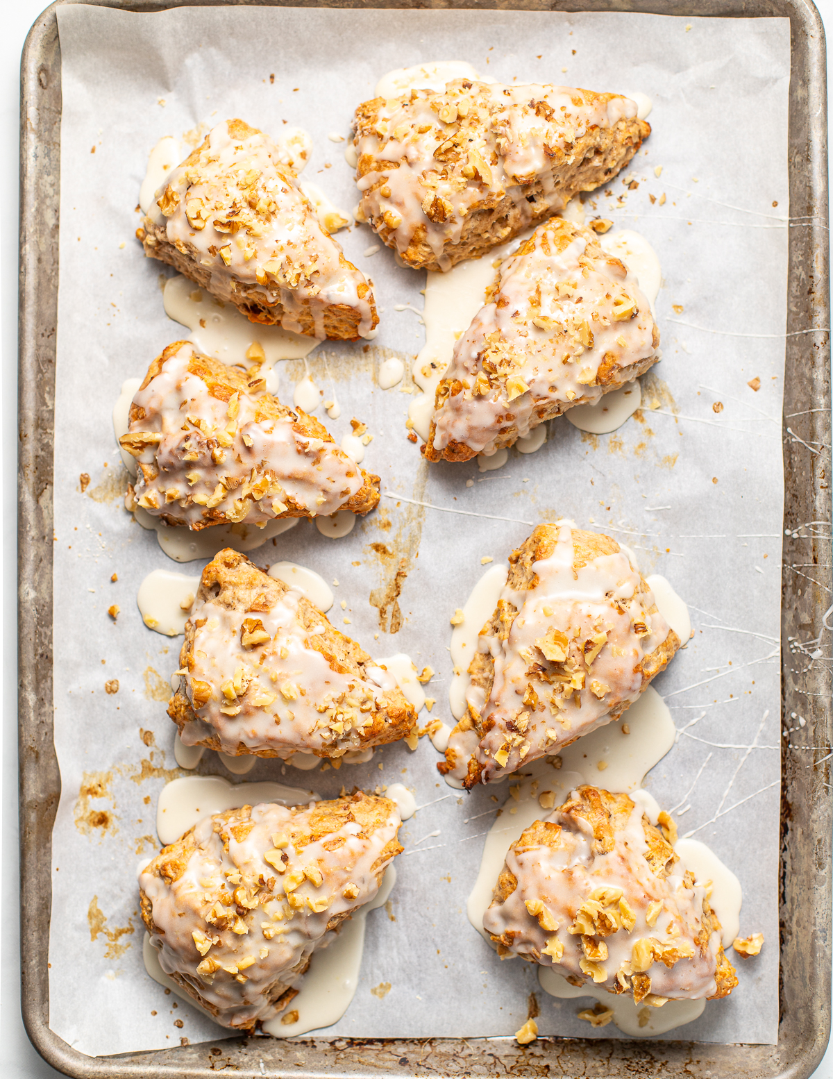 glazed vegan banana scones on a tray