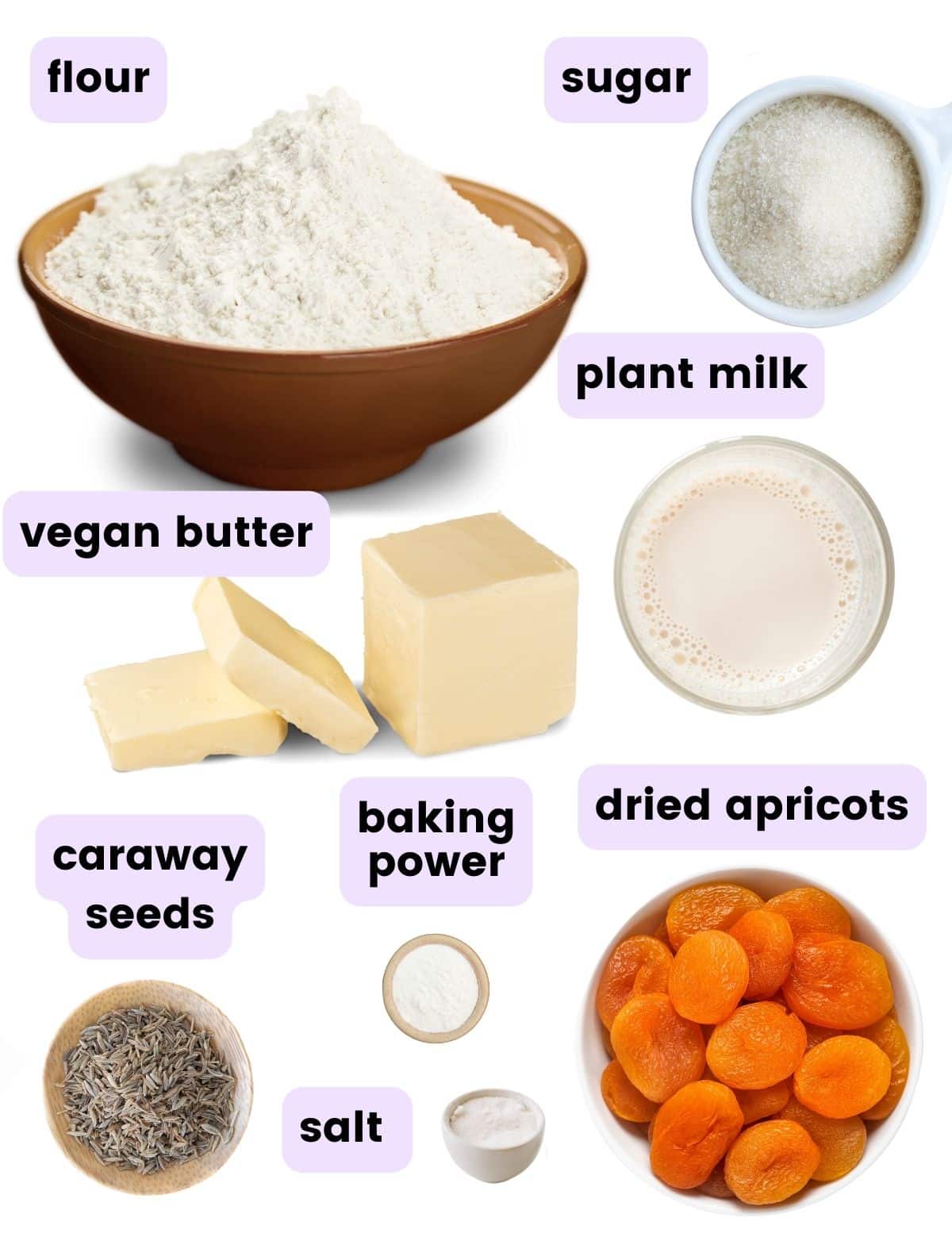flour, sugar, plant milk. vegan butter, caraway seeds, baking powder, salt, apricot