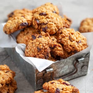 vegan breakfast cookies in a metal tin