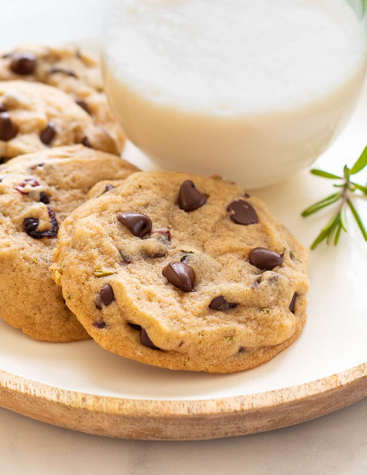 a vegan rosemary chocolate chip cookie on a plate