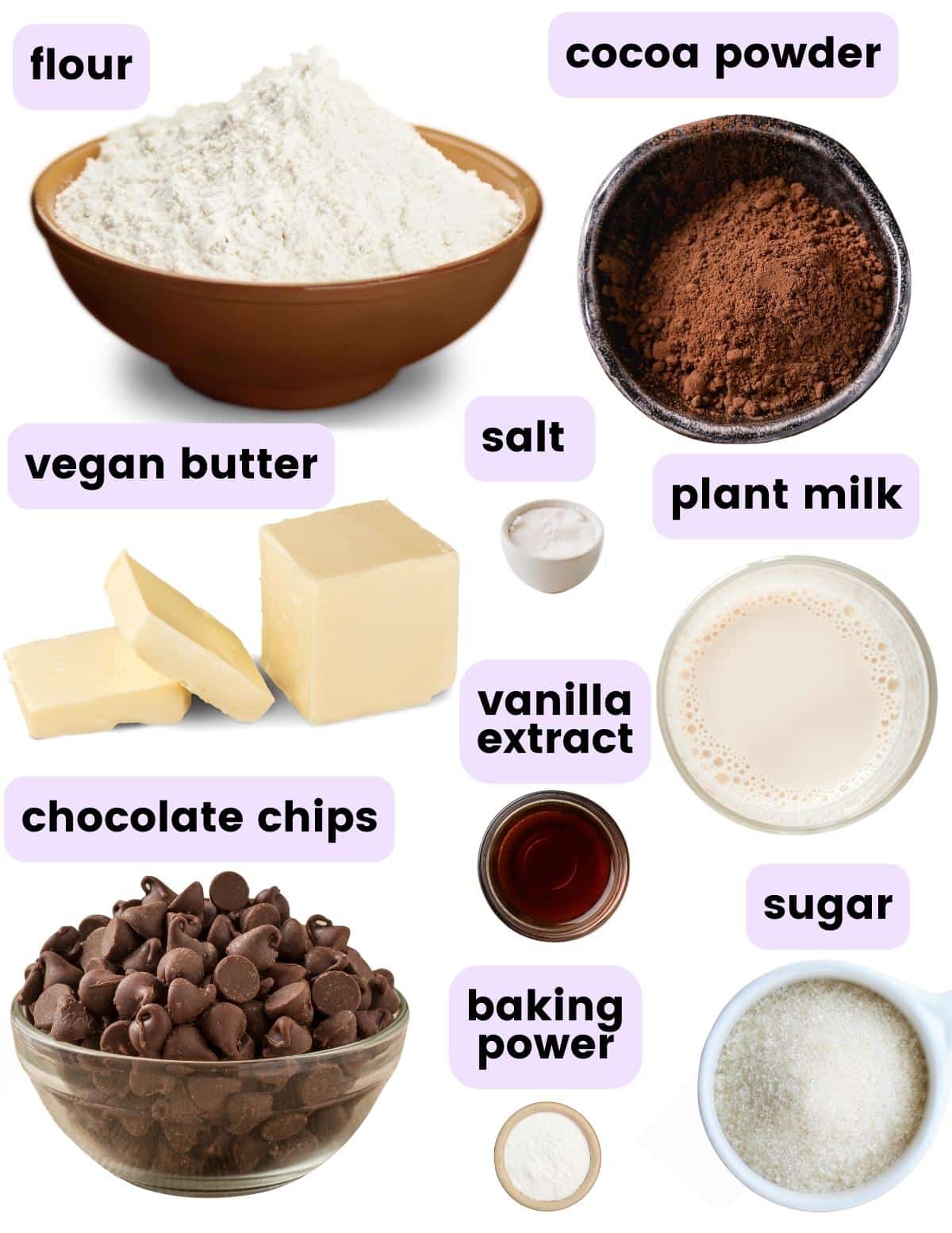 flour, cocoa powder, salt, vegan butter, vanilla, plant milk, sugar, chocolate chips, baking powder.