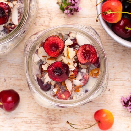 a jar of cherry overnight oats