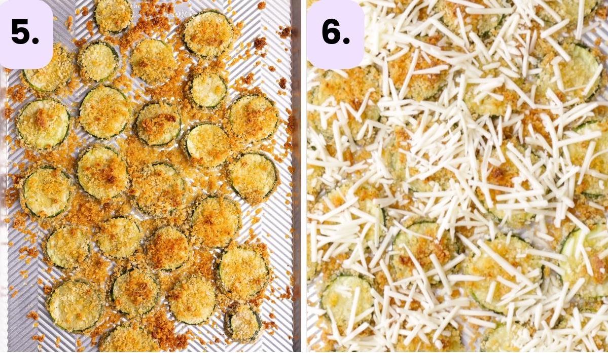 crispy zucchini slices on a baking tray before and after adding cheese